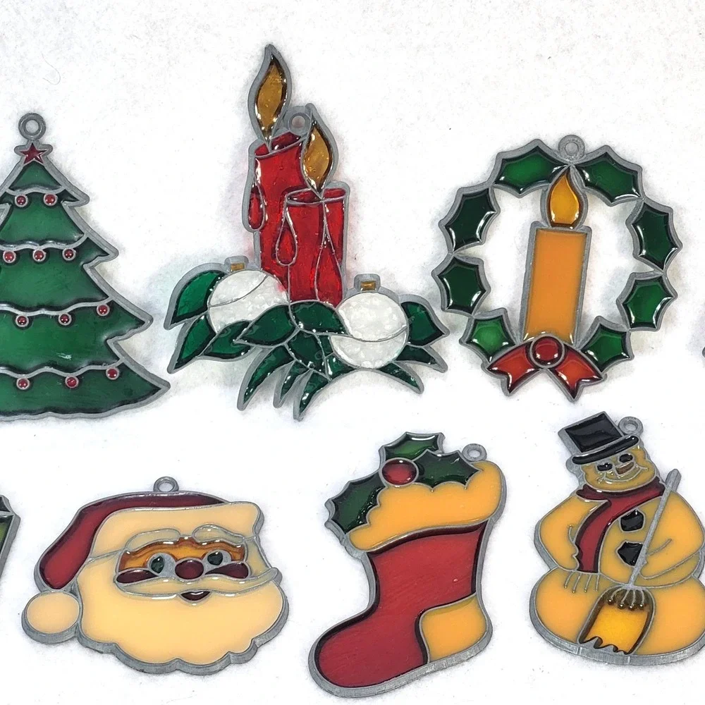 Vintage Christmas Suncatchers Lot 9 Holiday Tree Santa Candle Wreath 1980s Decor